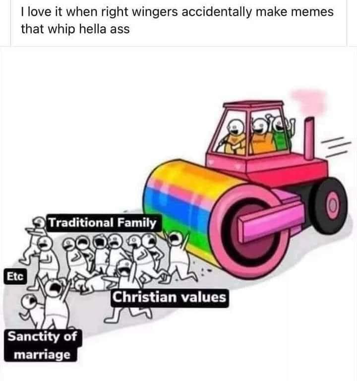 This meme is a humorous illustration of a group of people from various cultural and religious backgrounds (represented by different colored figures) being pushed by a giant, rainbow-colored "Love is Love" (LGBTQ+) pride flag into a "Christian Values" or "Traditional Family" vehicle. The text in the image reads: "In 2 generations we'll be a memory." The meme is a satirical commentary on the idea that the LGBTQ+ community's values and identities will eventually be erased by future generations.